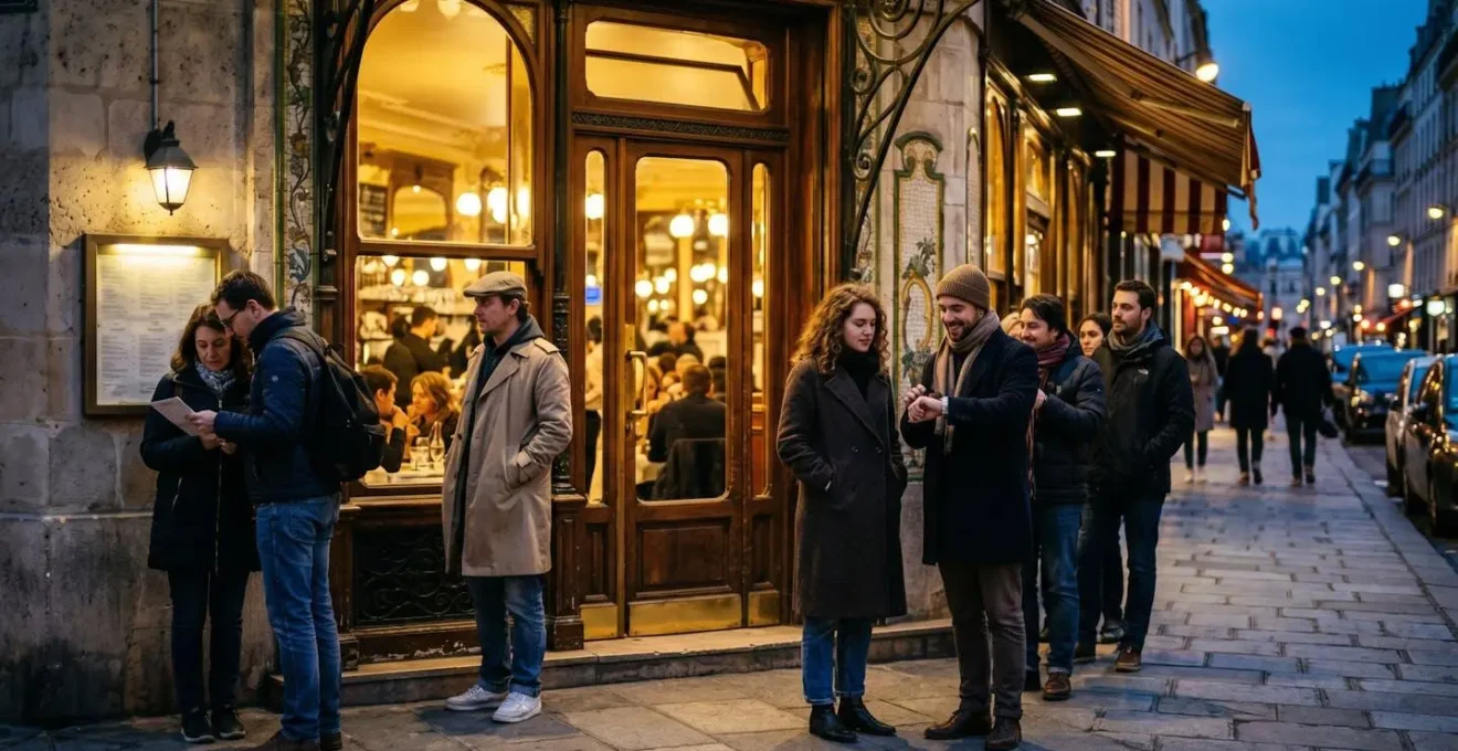 File d'attente devant un bouillon parisien en soirée avec l'enseigne lumineuse rouge