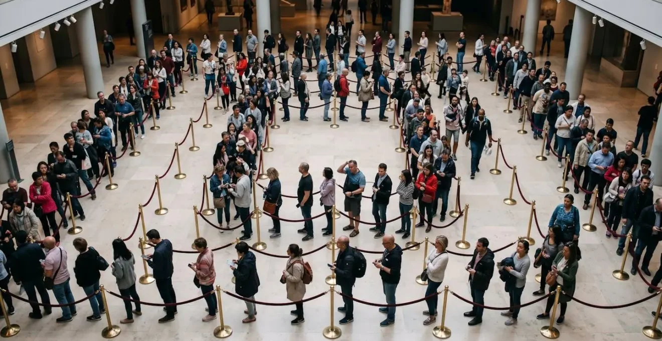 Vue en plongée d'une file d'attente serpentant dans la salle des États avec des cordons de sécurité