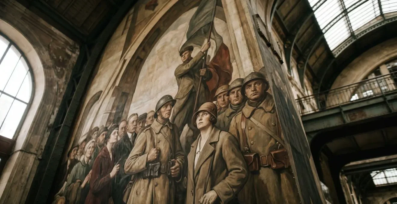 Vue en contre-plongée de la fresque historique dans le hall de la Gare de l'Est