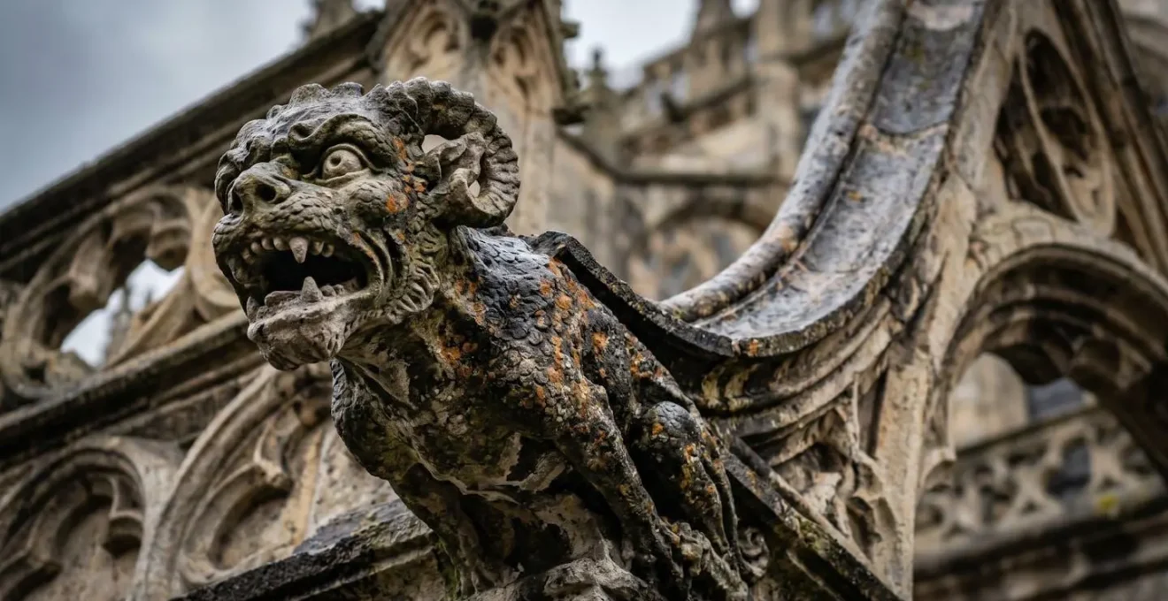 Gros plan sur des gargouilles de pierre sculptées évacuant l'eau de pluie, éclairage dramatique soulignant les détails grotesques