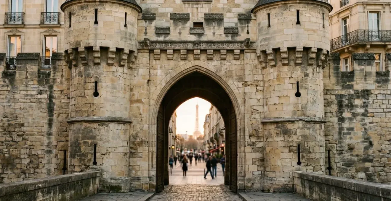 Portail fortifié médiéval avec tourelles, arc ogival et murs de pierre patinée sous lumière dorée du soir