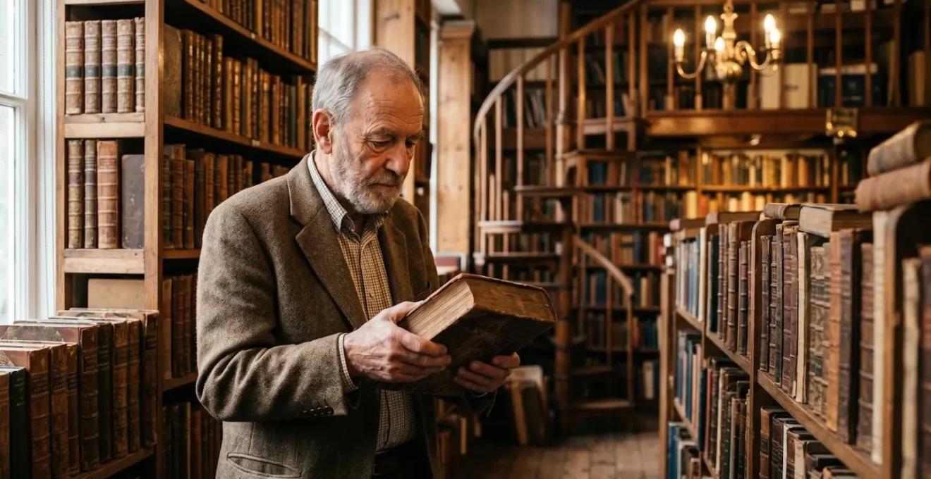 Intérieur d'une librairie ancienne avec étagères remplies de livres reliés et escalier en colimaçon
