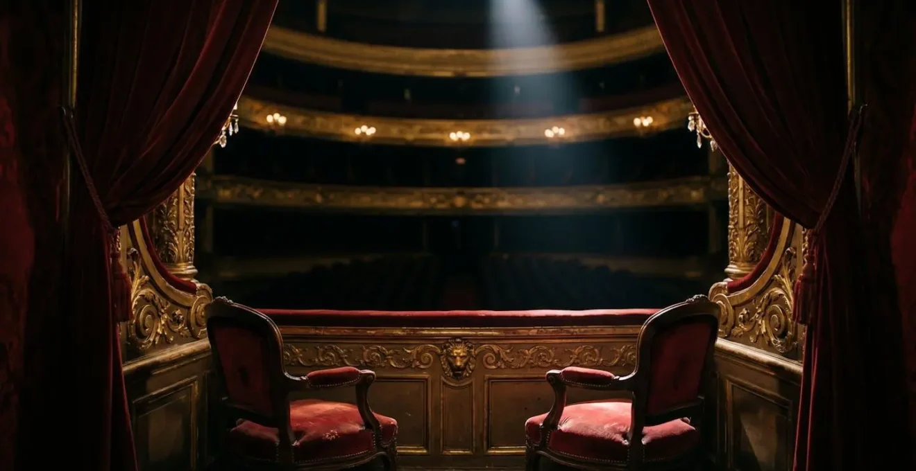 Vue mystérieuse de la loge numéro 5 du Palais Garnier dans la pénombre avec velours rouge