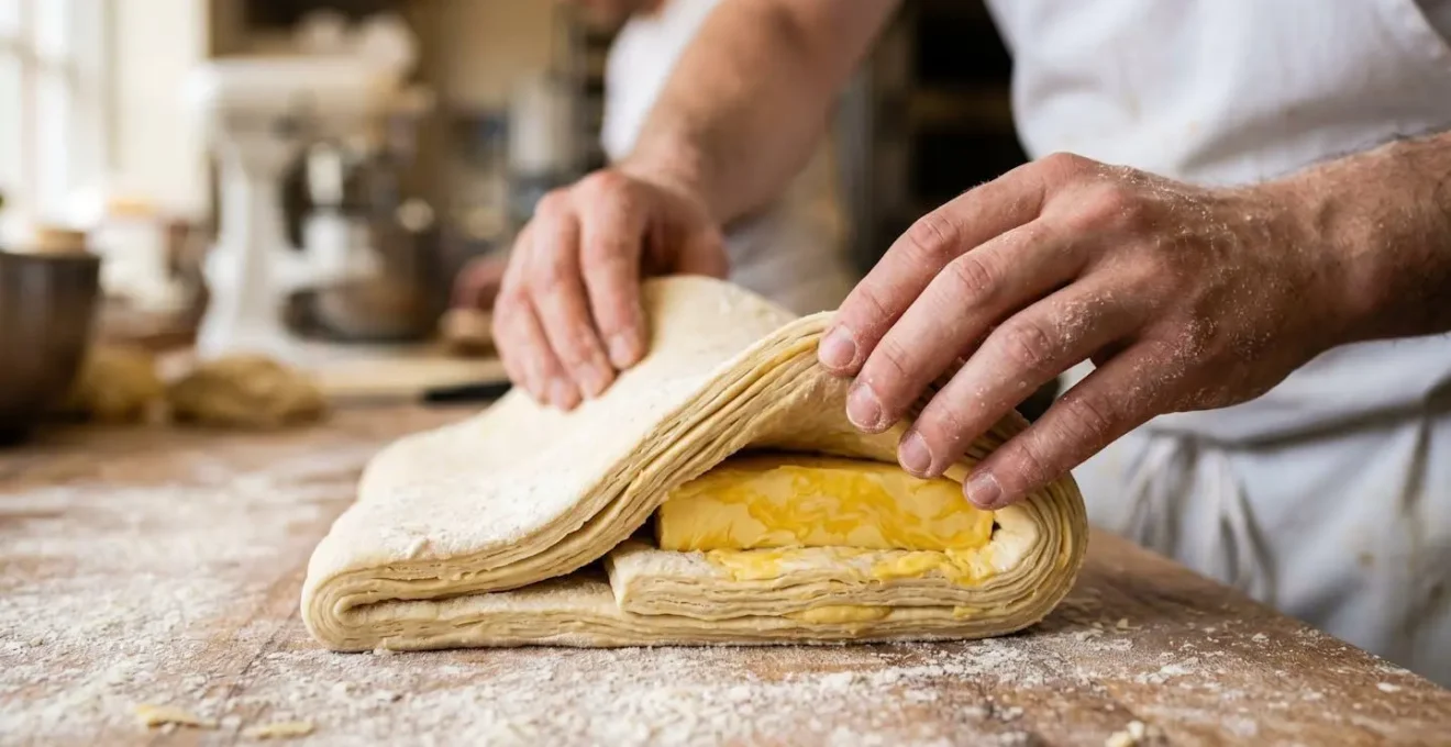 Gros plan sur des mains expertes travaillant une pâte feuilletée dorée dans un atelier de boulangerie