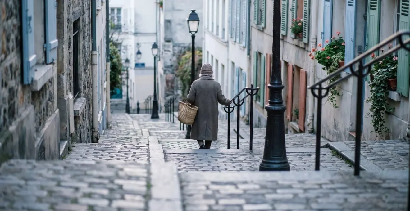 Ruelle pavée de Montmartre avec ses escaliers caractéristiques et façades colorées