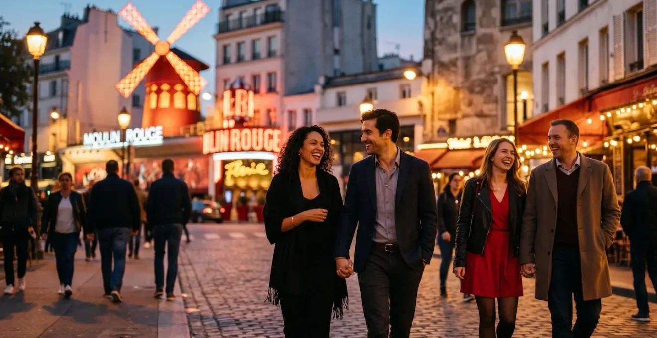 Façade illuminée d'un cabaret parisien historique avec ses néons rouges caractéristiques au crépuscule