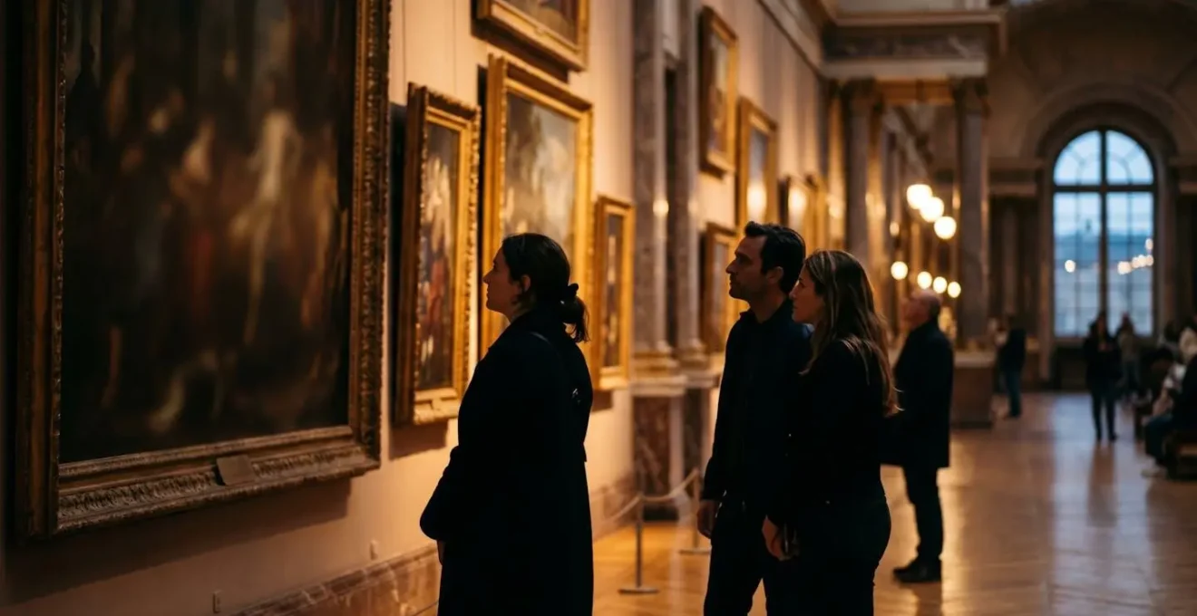 Salle de peintures du Louvre en nocturne avec visiteurs en contemplation devant les tableaux