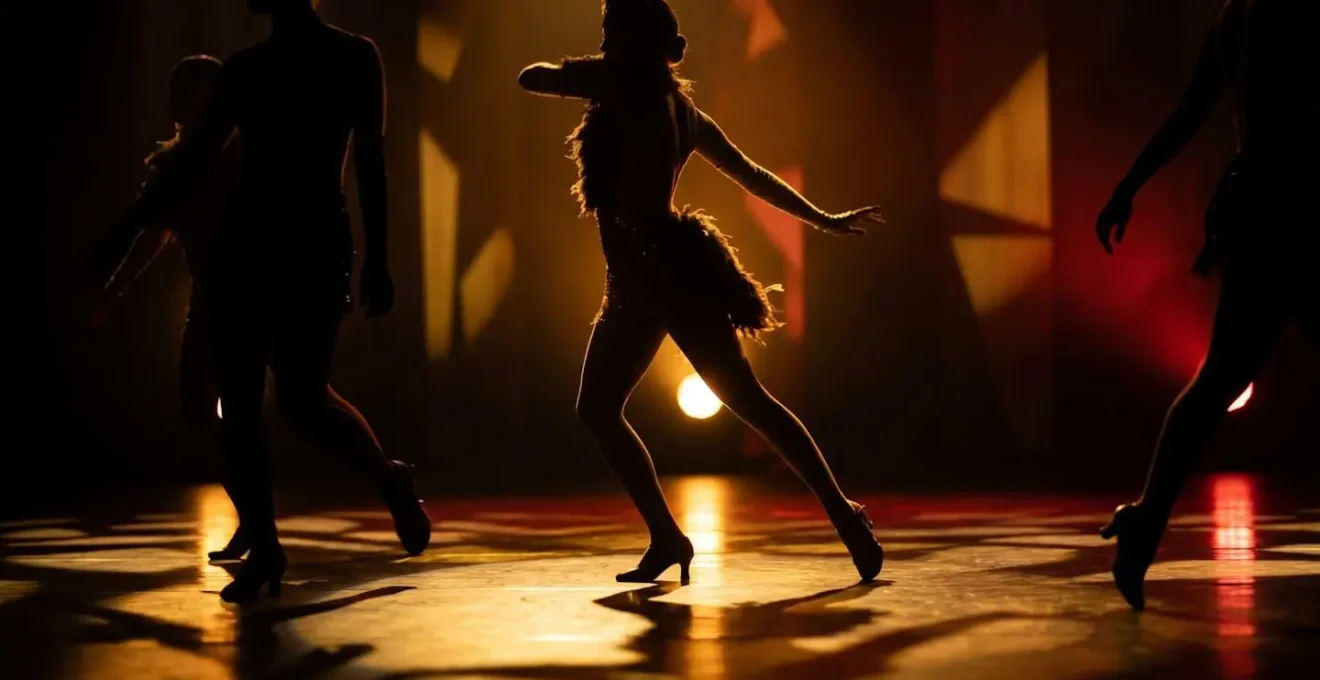 Silhouettes artistiques de danseuses dans un jeu d'ombres et lumières dorées sur scène