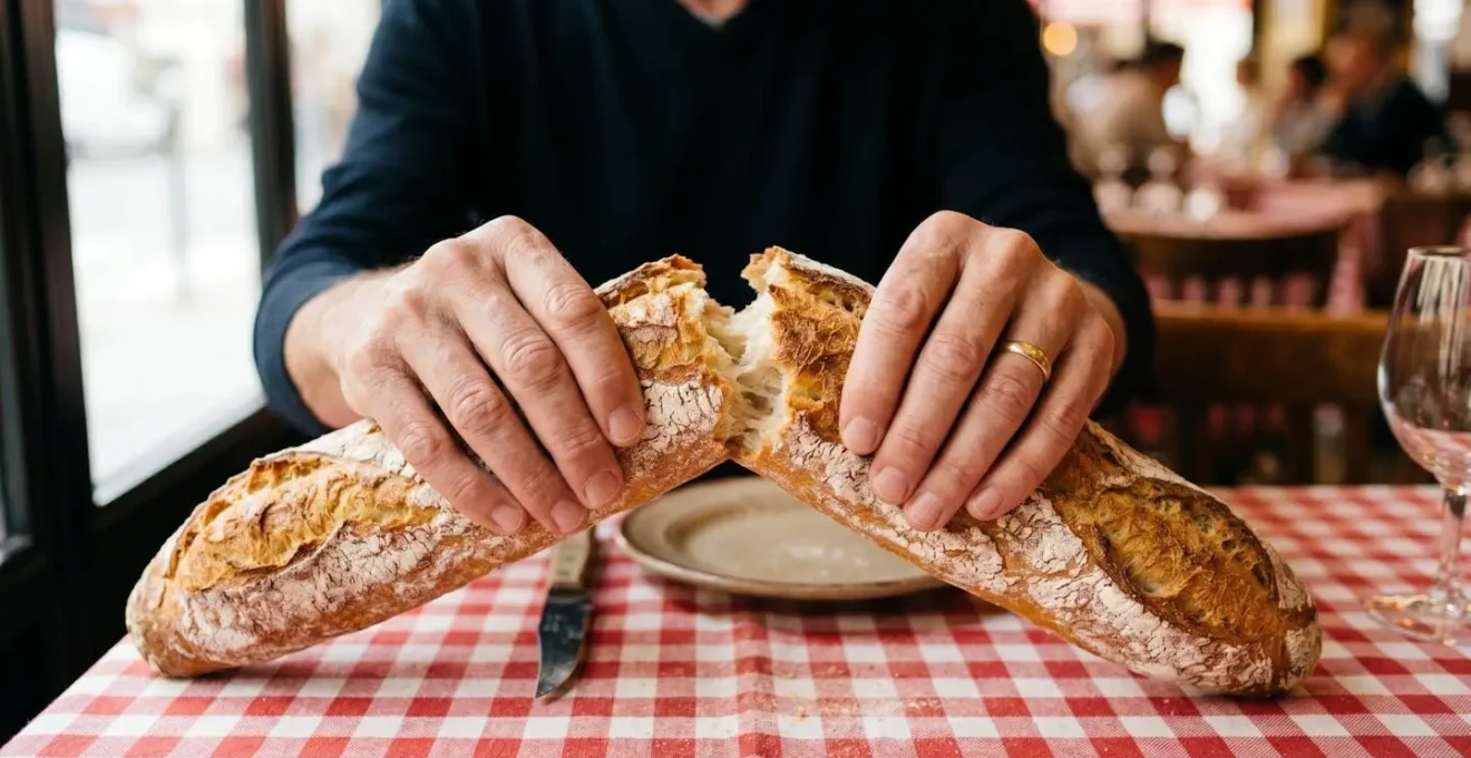 Morceau de pain artisanal posé sur une nappe à carreaux rouge et blanc