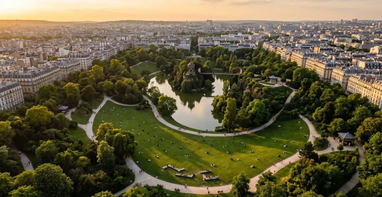 Vue aérienne du parc des Buttes-Chaumont avec ses allées sinueuses et espaces de détente