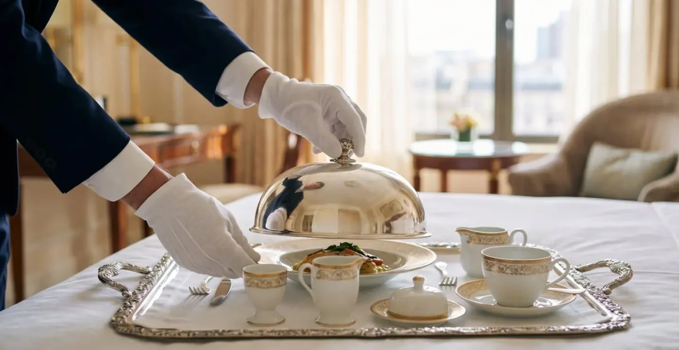 Service de petit-déjeuner luxueux avec argenterie et porcelaine fine sur plateau