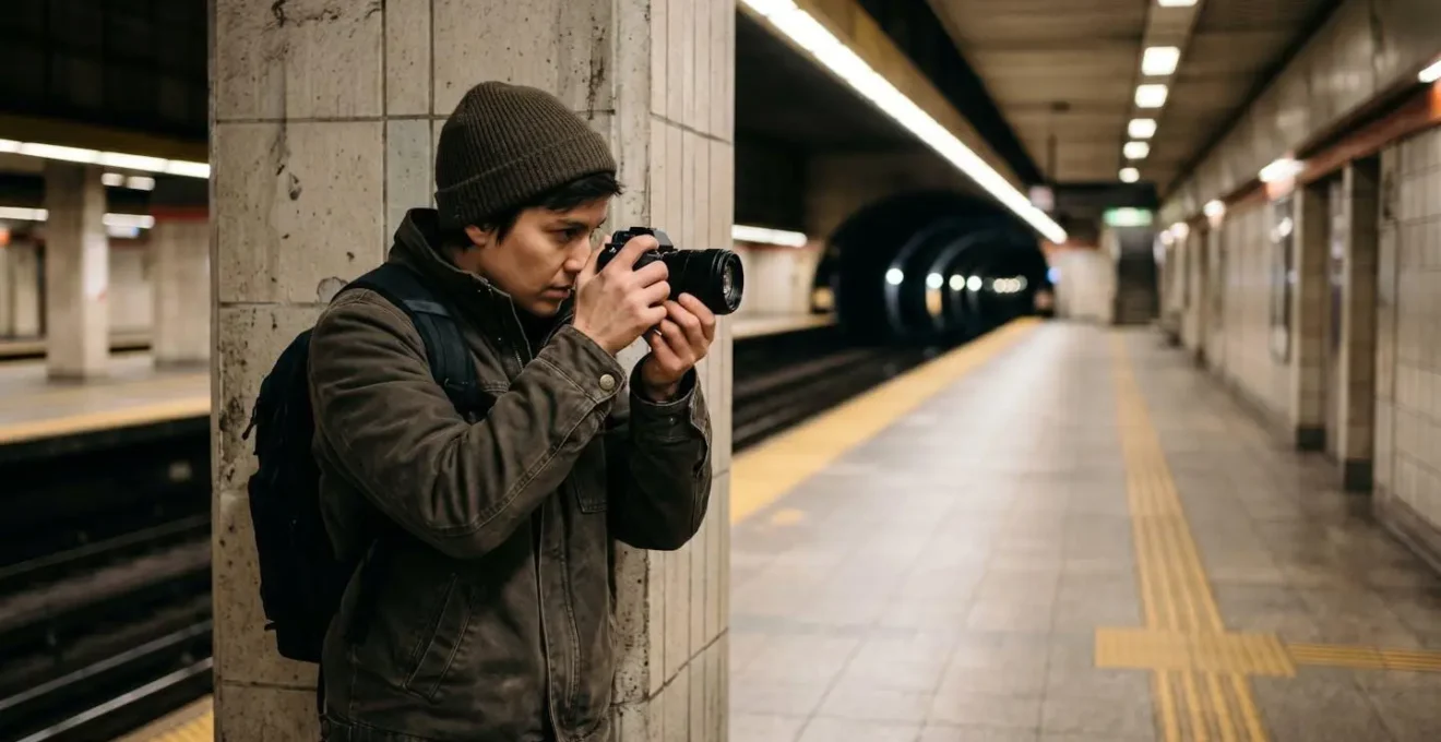 Photographe utilisant une technique de stabilisation alternative sur un quai de métro désert