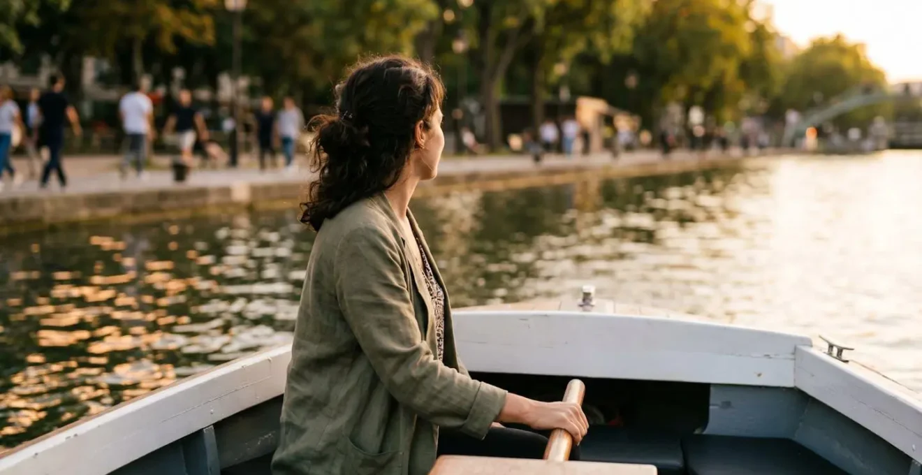Personne pilotant un petit bateau électrique sur le canal avec les quais animés en arrière-plan