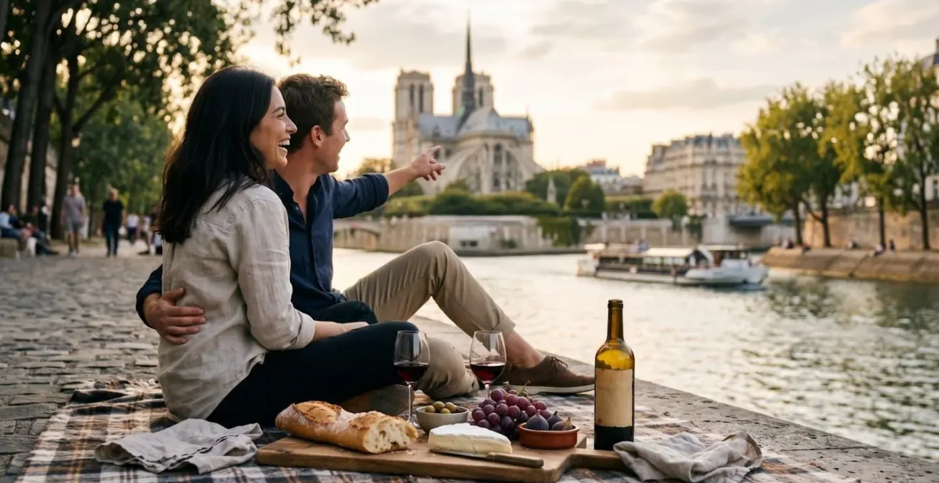 Pique-nique français sur le quai de Montebello avec vue sur Notre-Dame