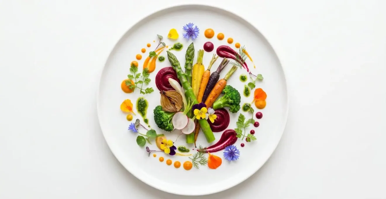 Assiette gastronomique sophistiquée vue de dessus avec composition artistique