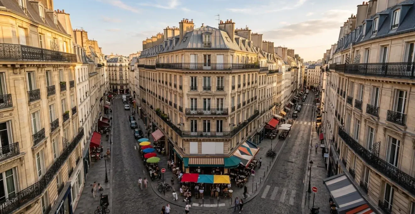 Vue aérienne du quartier Charonne avec ses petites rues et terrasses animées