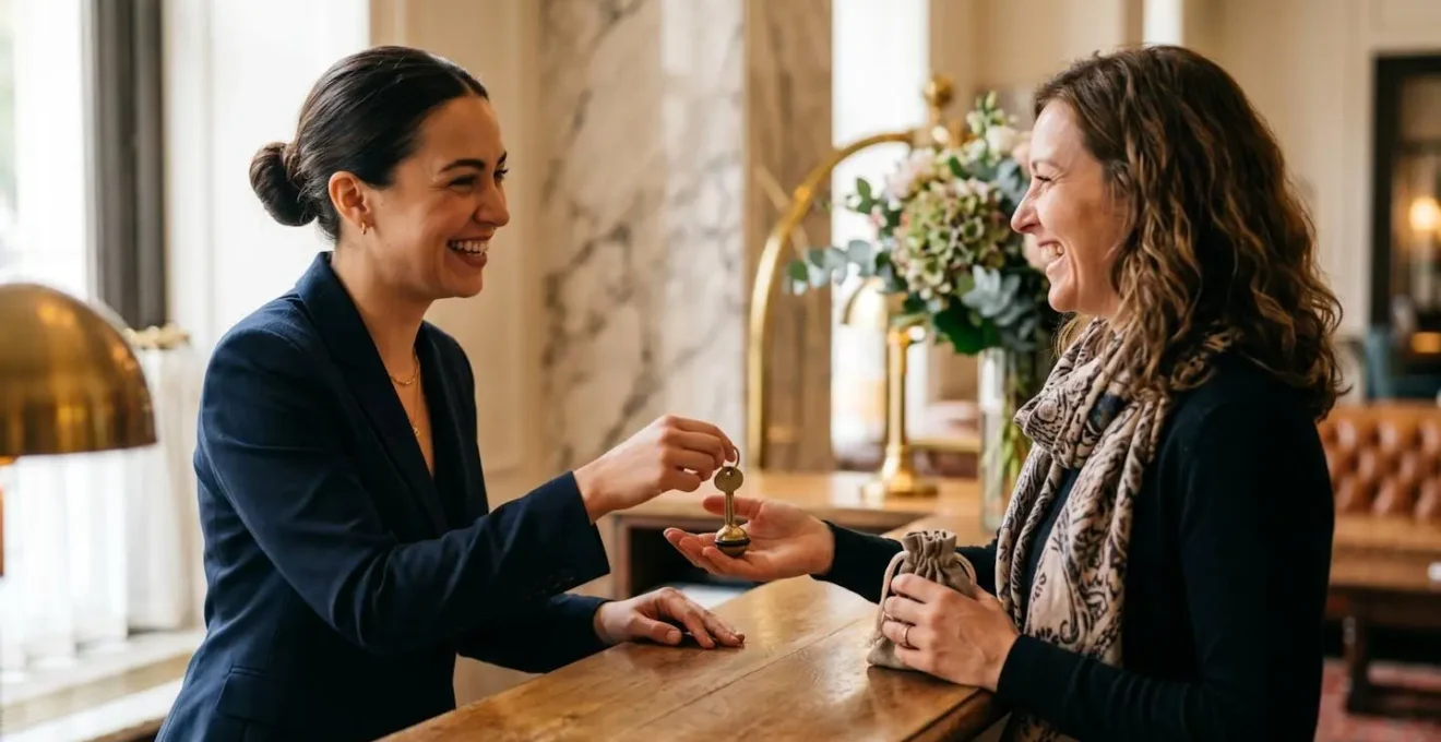 Réceptionniste souriant accueillant un client dans le hall d'un hôtel boutique parisien