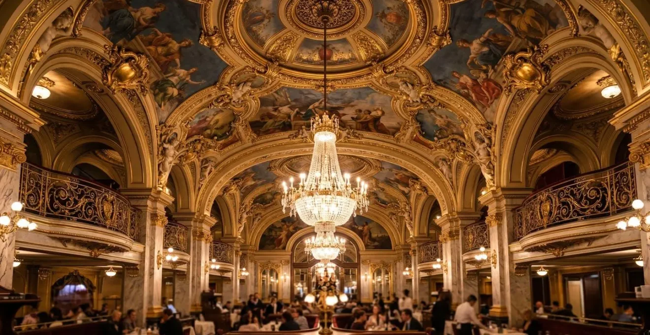 Intérieur somptueux du restaurant Train Bleu avec plafonds ornés et dorures