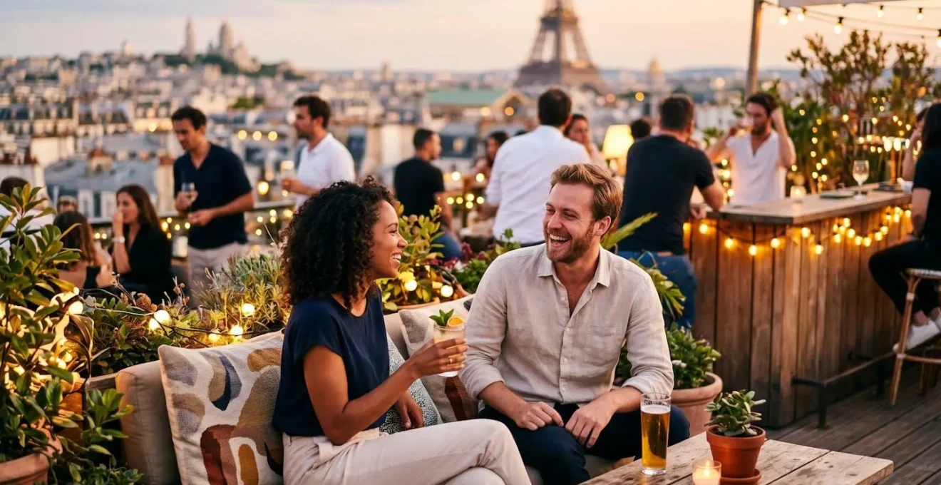 Terrasse de rooftop parisien avec mobilier bohème et vue panoramique sur les toits au coucher du soleil