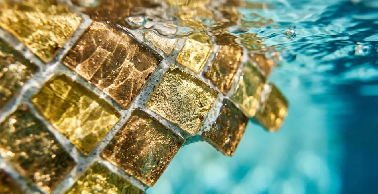 Piscine intérieure d'un spa de palace avec mosaïques dorées et éclairage tamisé