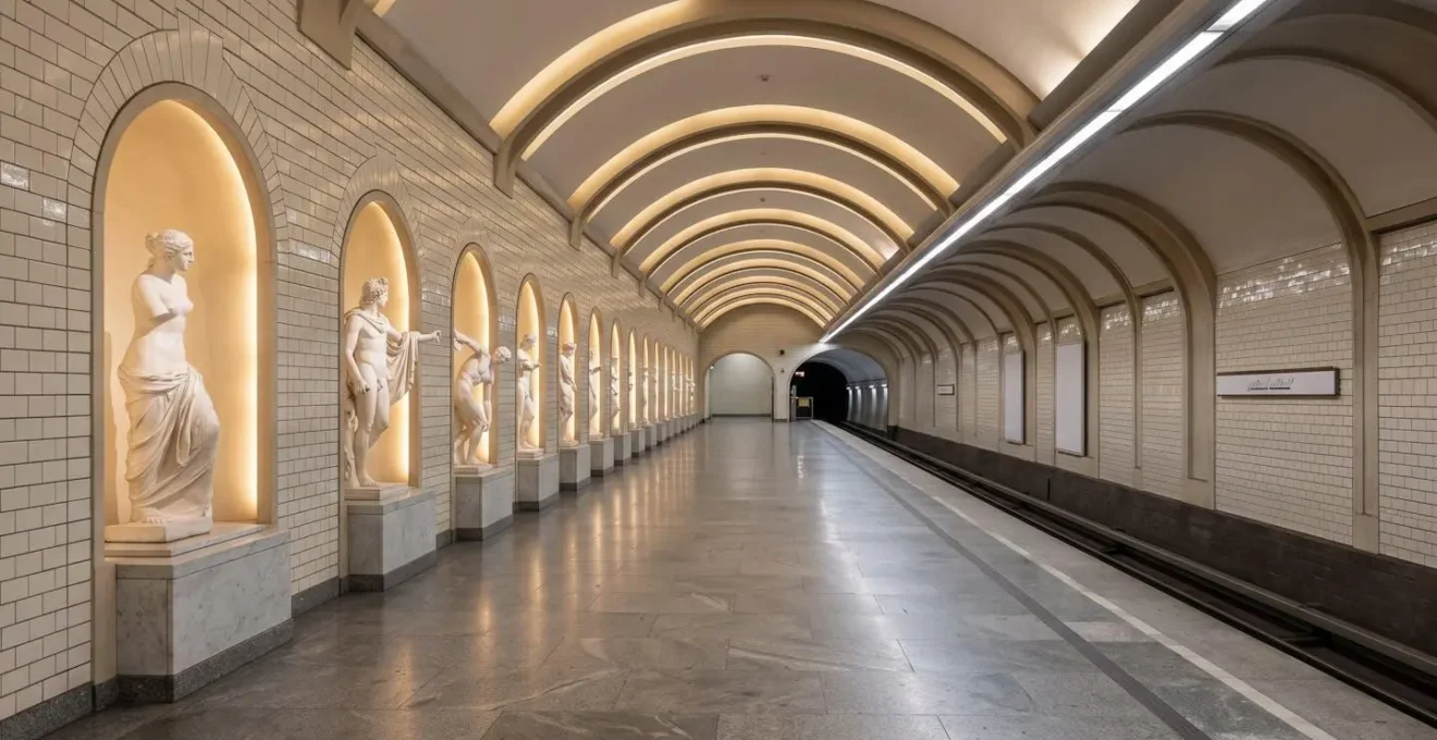 Quai de métro avec reproductions d'œuvres du Louvre dans des niches éclairées
