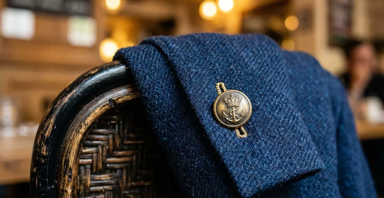 Détail d'une veste élégante posée sur le dossier d'une chaise de restaurant