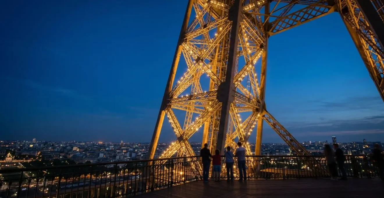 Vue nocturne de la Tour Eiffel scintillant depuis le 2ème étage avec des familles admiratives
