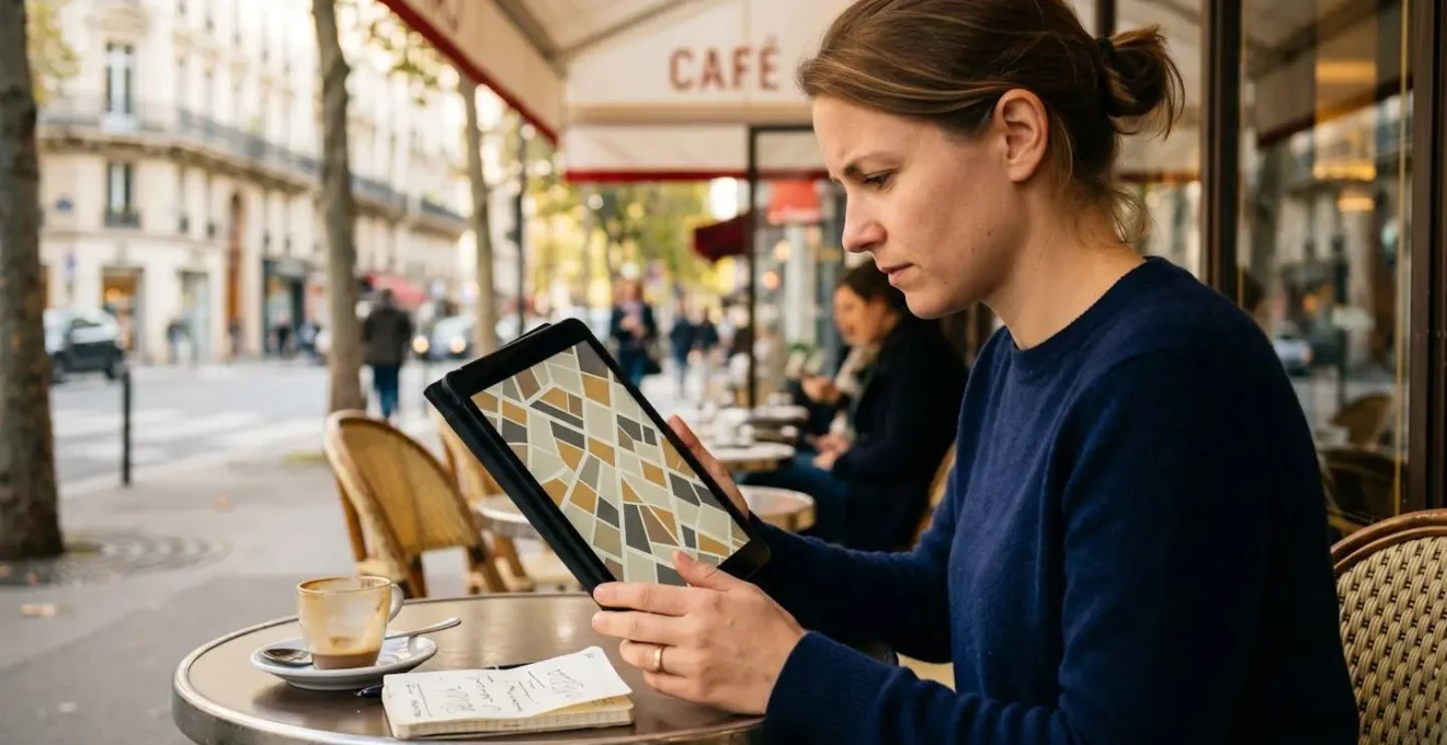 Personne utilisant une tablette avec Google Maps 3D pour vérifier la vue sur la Tour Eiffel depuis un appartement