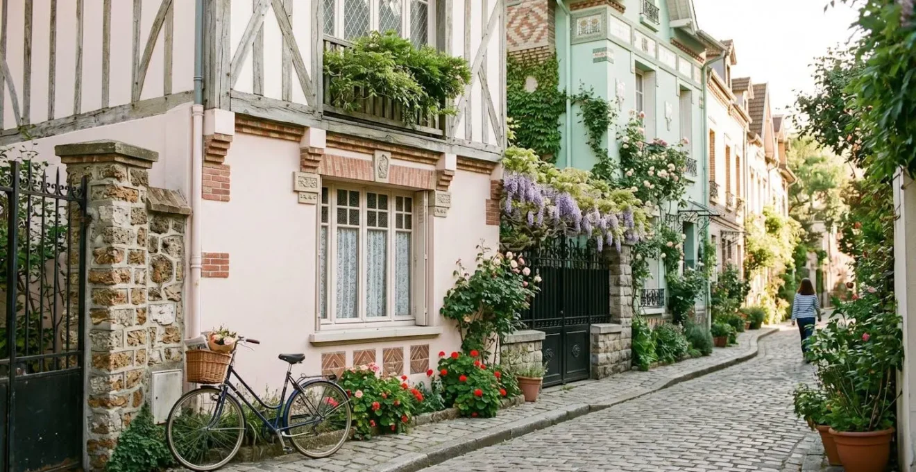 Façades colorées de style anglo-normand de la Villa Léandre à Montmartre