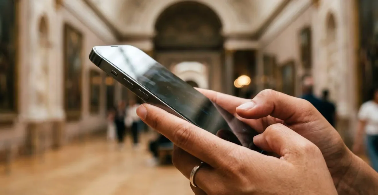 Visiteur au Louvre utilisant un smartphone pour s'orienter dans les galeries