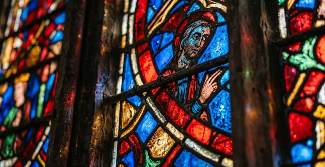 Détail macro des vitraux de la Sainte-Chapelle avec jeux de lumière colorée