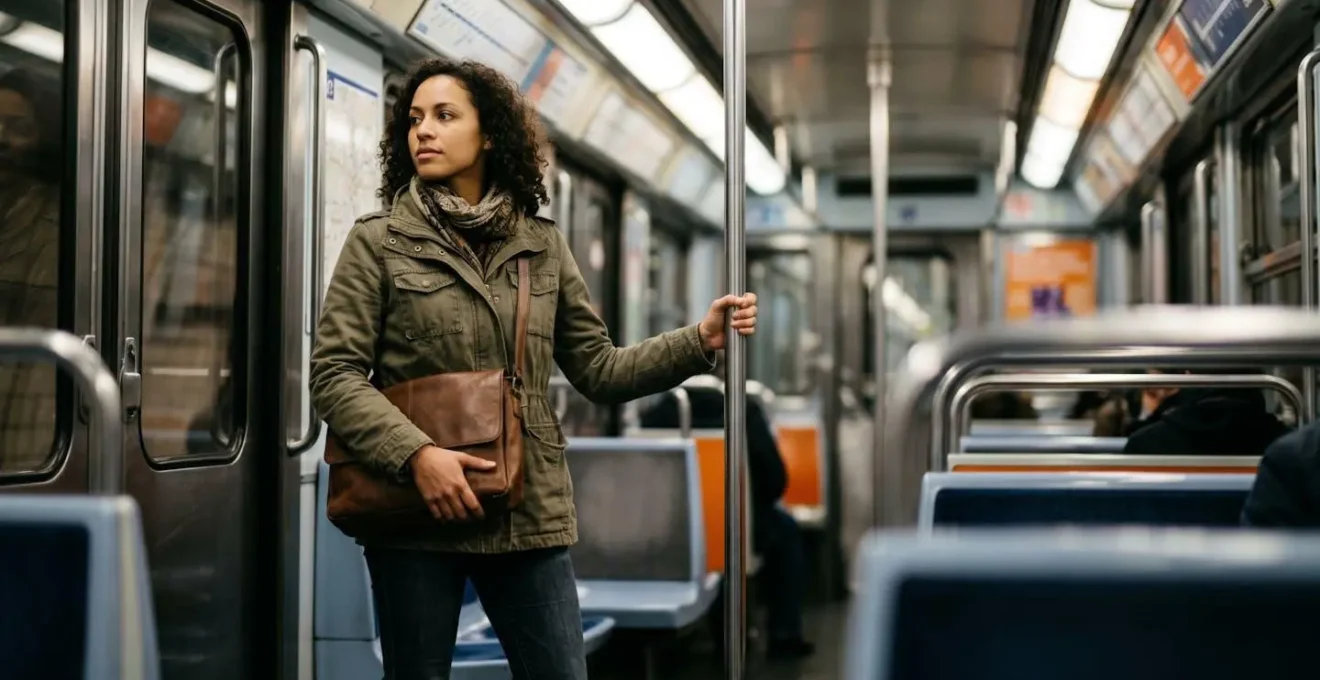 Voyageur dans une rame de métro tenant fermement son sac sous le bras en position sécurisée