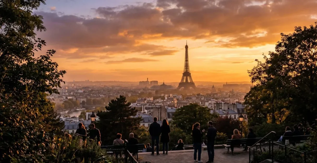 Vue panoramique depuis le parc de Belleville au coucher du soleil avec la Tour Eiffel à l'horizon