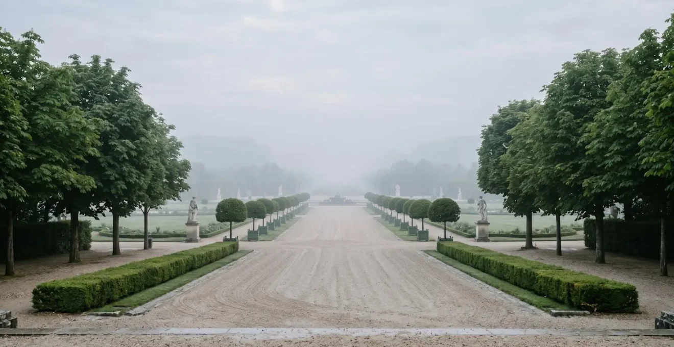 Allée déserte des jardins de Versailles au petit matin avec brume matinale