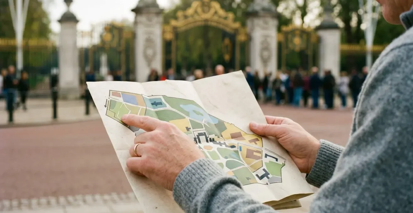 Visiteur consultant un plan du domaine de Versailles devant l'entrée du château