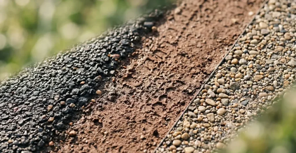 Gros plan macro sur trois types de sols de course : bitume, terre battue et gravier stabilisé avec traces de pas Gros plan macro sur trois types de sols de course : bitume, terre battue et gravier stabilisé avec traces de pas