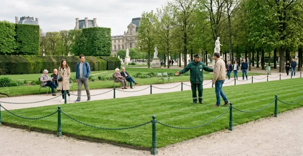 Vue large d'une pelouse impeccable de jardin à la française avec barrières basses décoratives et visiteurs respectueux sur les allées Vue large d'une pelouse impeccable de jardin à la française avec barrières basses décoratives et visiteurs respectueux sur les allées